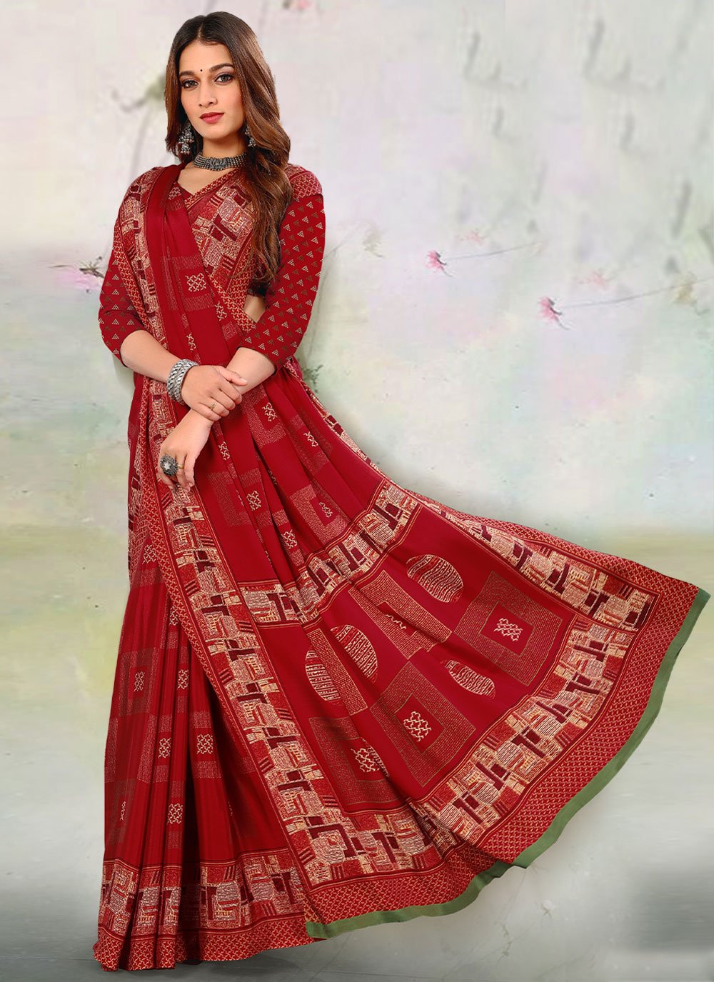 Designer Pure Crepe Red Print Saree