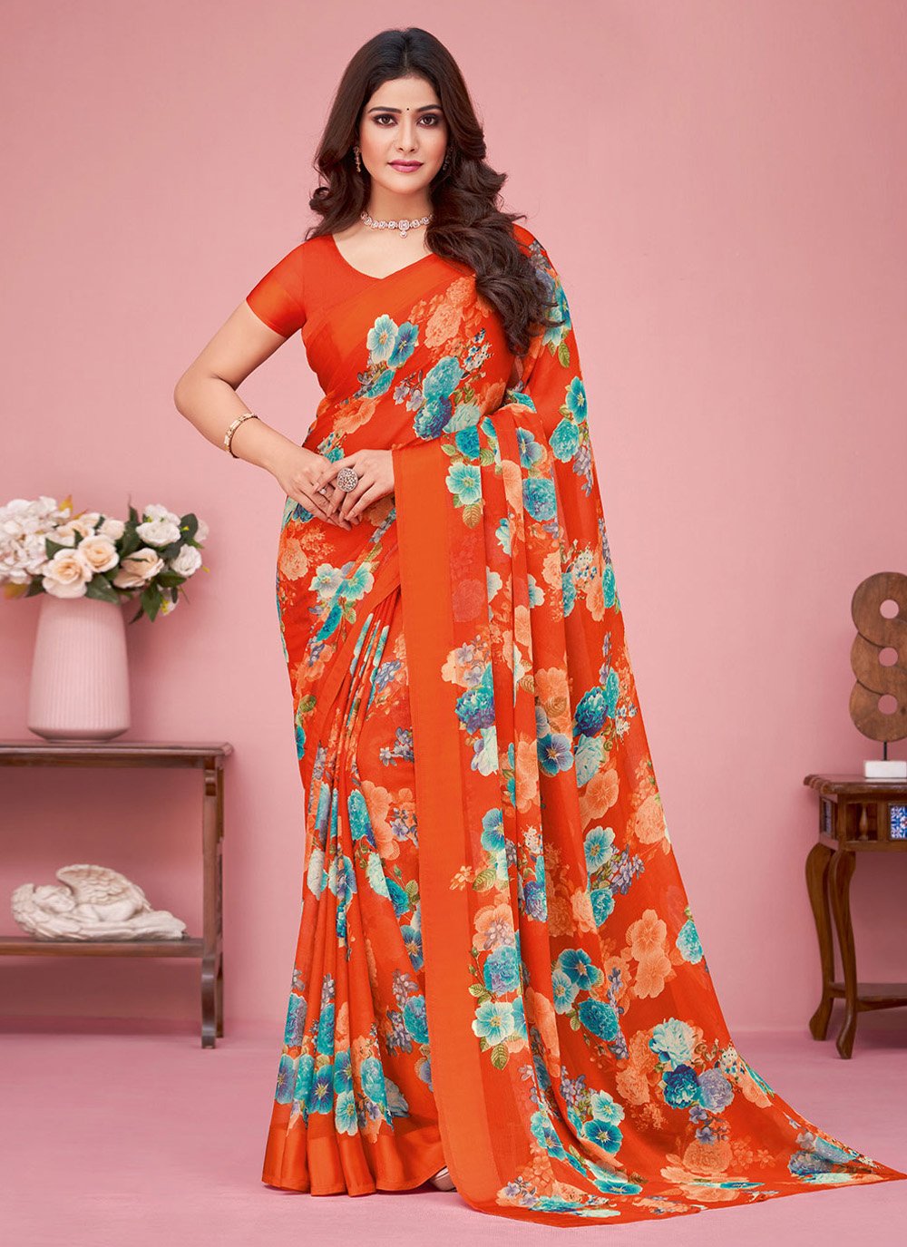 Trendy Saree Faux Chiffon Red Print Saree