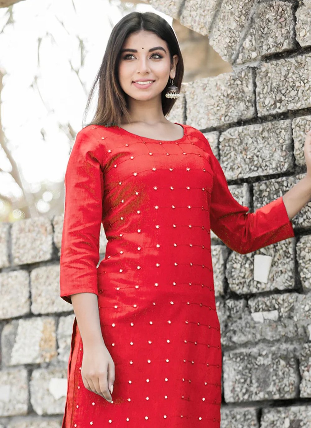 Casual Kurti Cotton Red Embroidered Kurtis