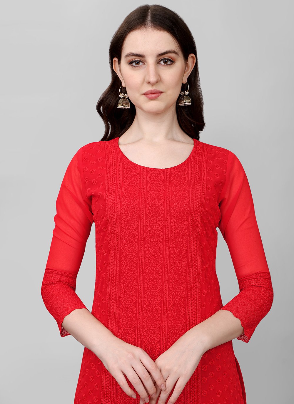 Casual Kurti Faux Georgette Red Chikankari Work Kurtis