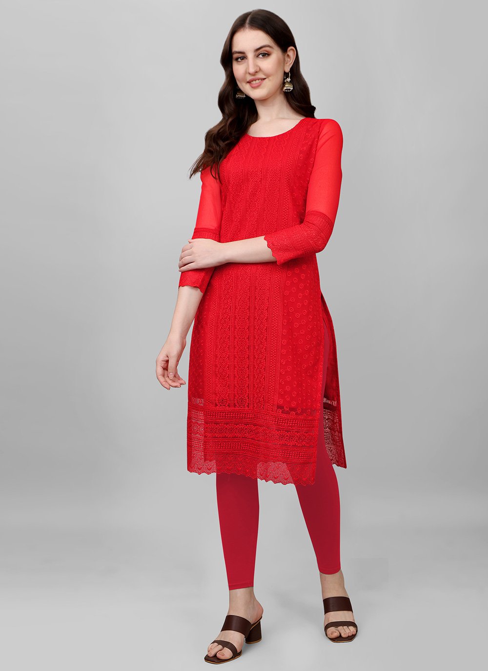 Casual Kurti Faux Georgette Red Chikankari Work Kurtis