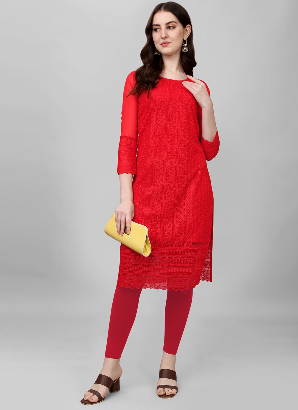 Casual Kurti Faux Georgette Red Chikankari Work Kurtis