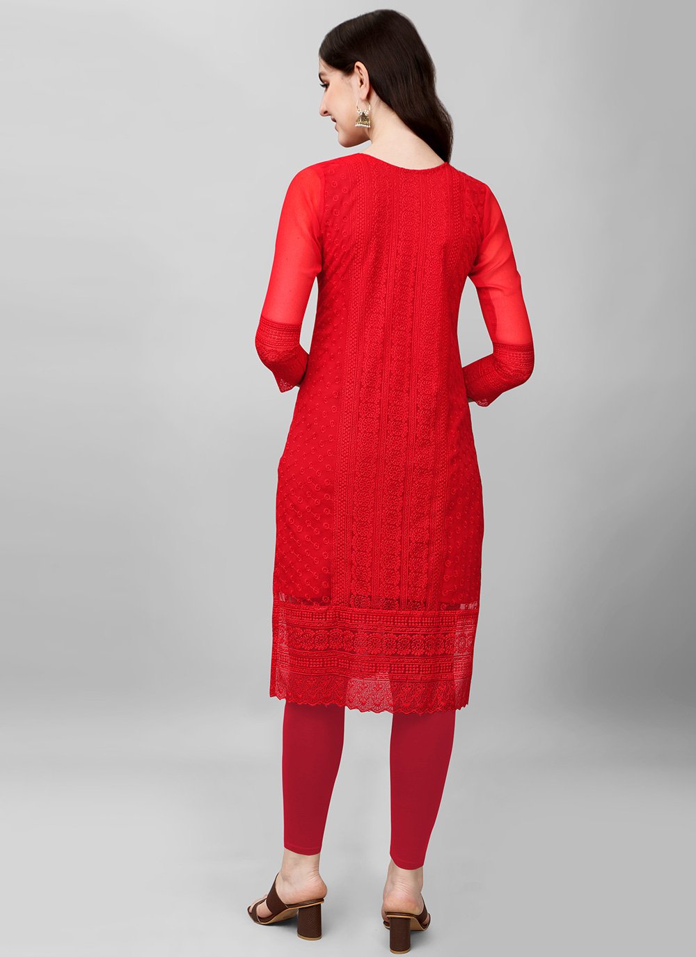 Casual Kurti Faux Georgette Red Chikankari Work Kurtis