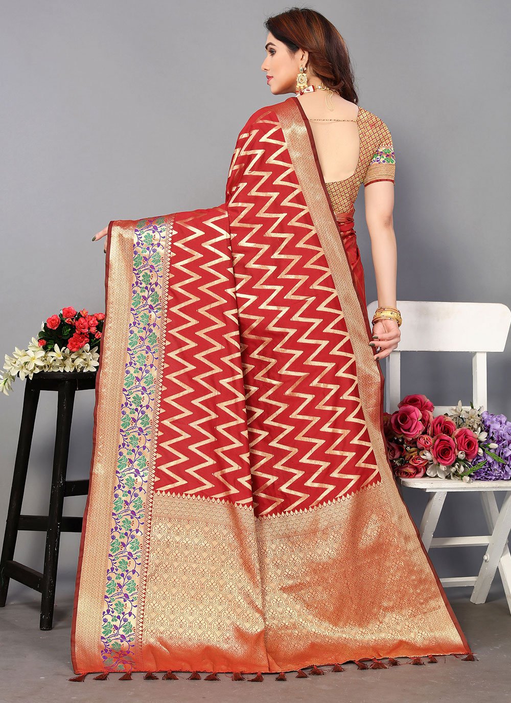 Contemporary Silk Red Jacquard Work Saree