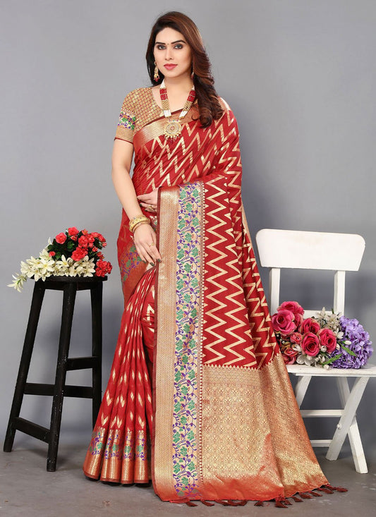 Contemporary Silk Red Jacquard Work Saree