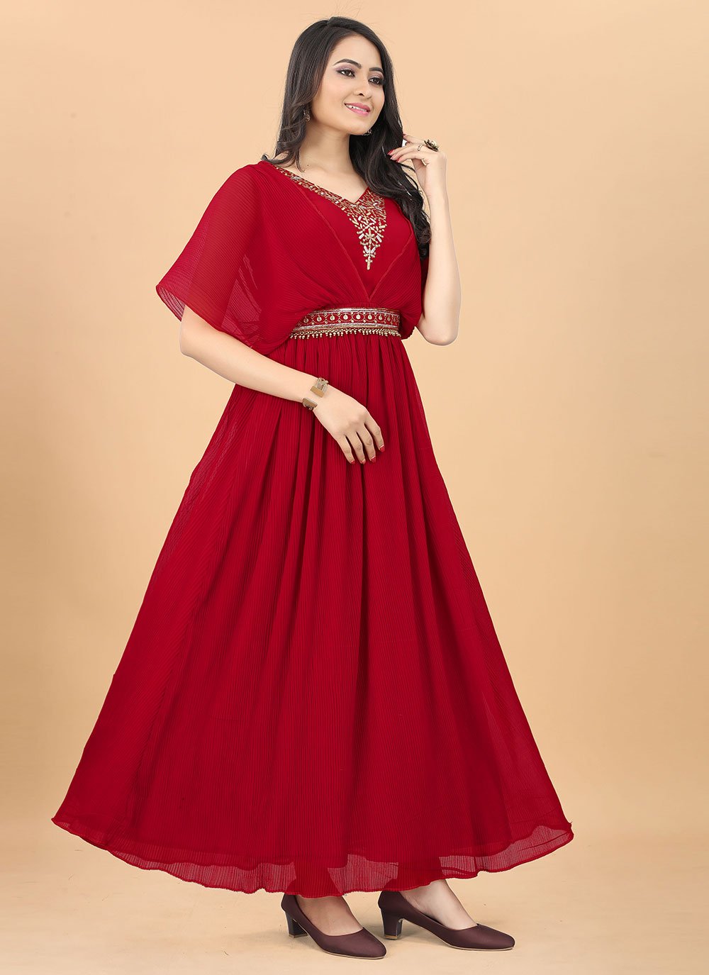 Designer Gown Georgette Red Embroidered Gown