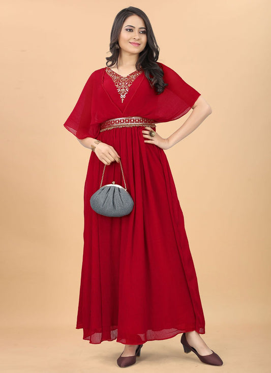 Designer Gown Georgette Red Embroidered Gown