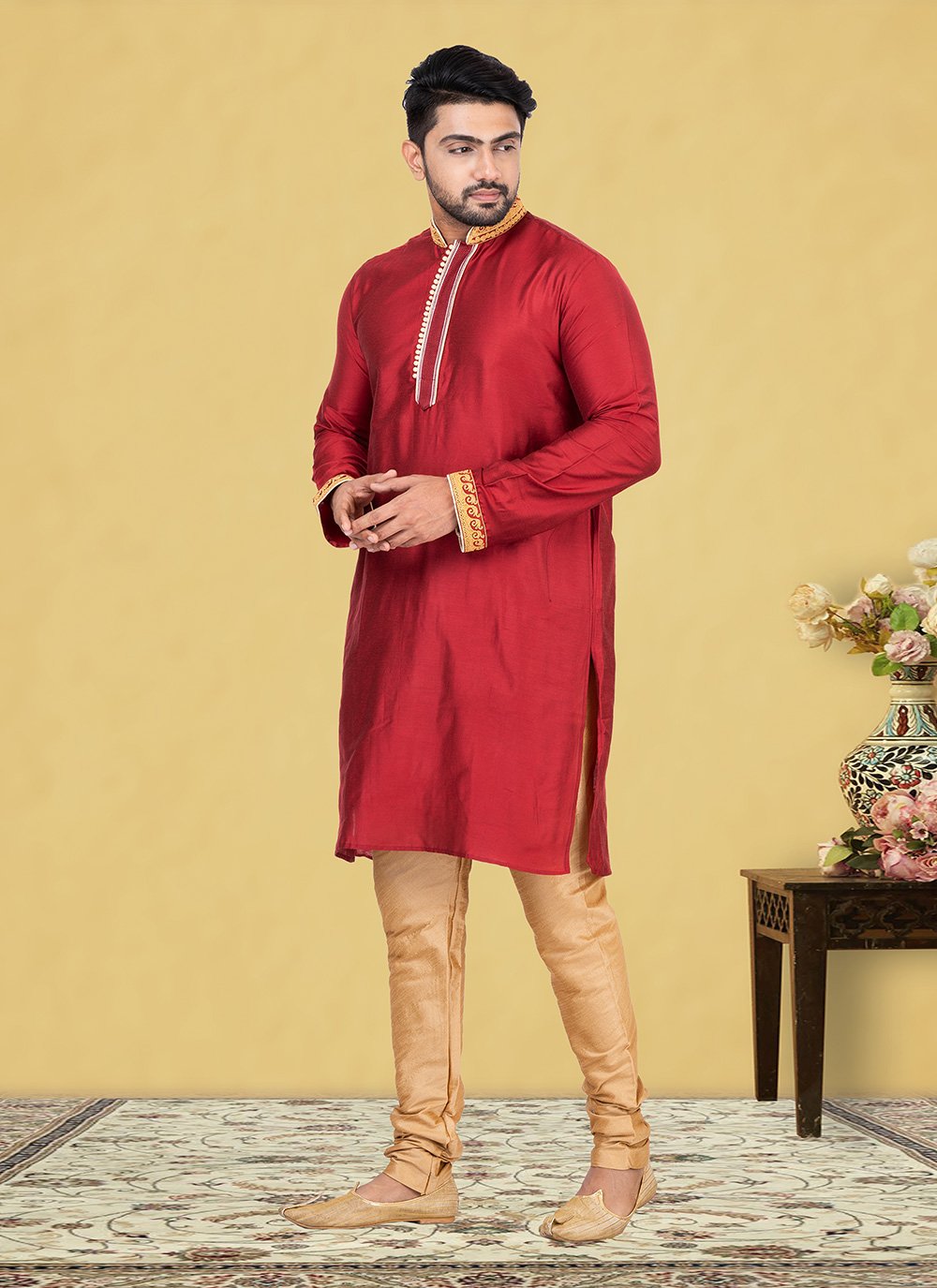 Kurta Pyjama Fancy Fabric Red Fancy Work Mens