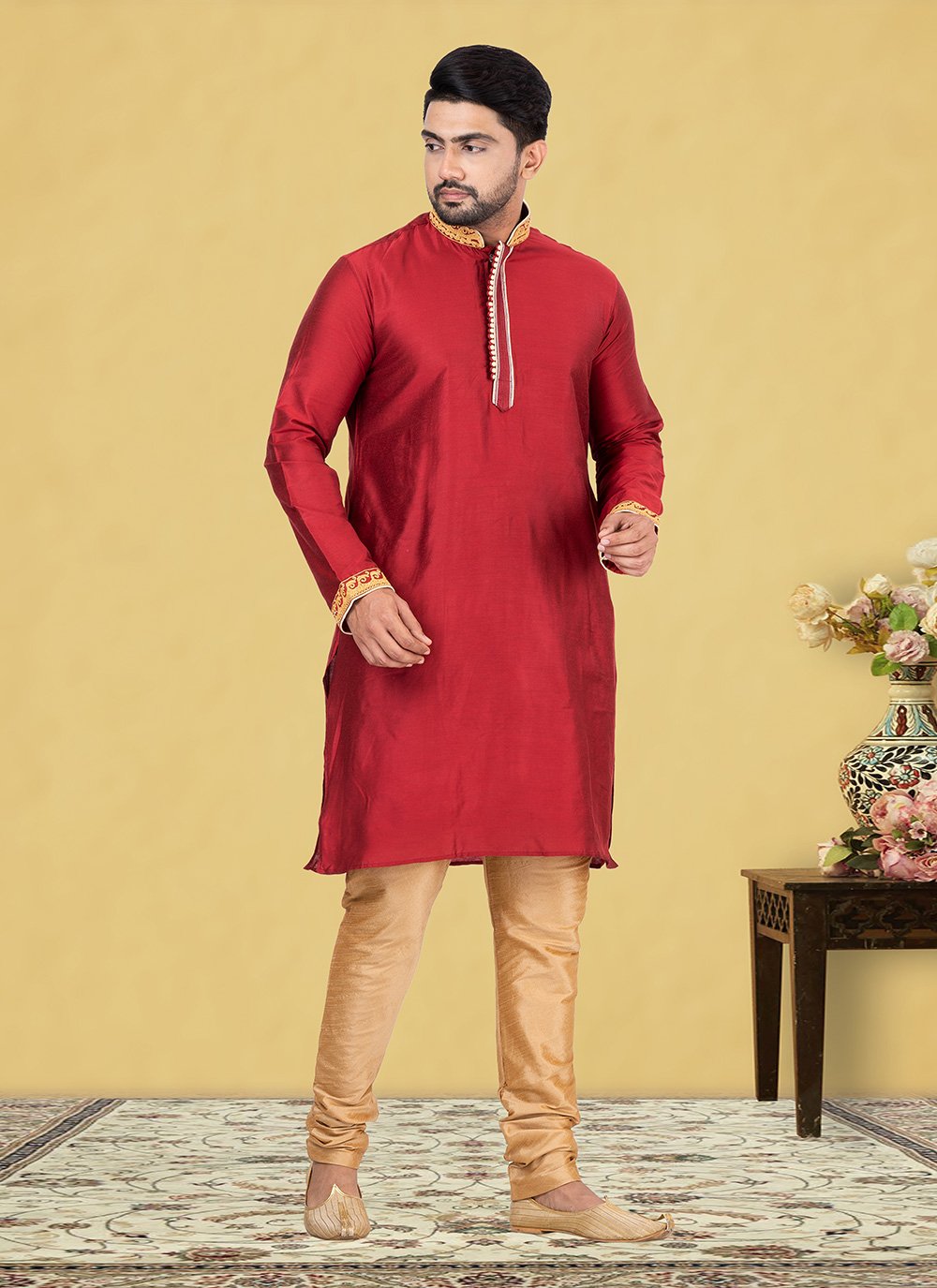 Kurta Pyjama Fancy Fabric Red Fancy Work Mens