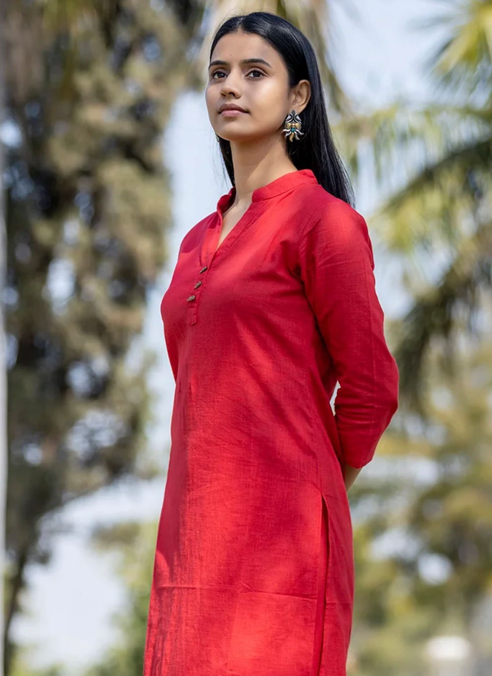 Party Wear Kurti Cotton Red Plain Kurtis