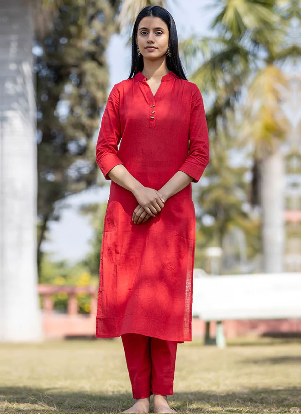 Party Wear Kurti Cotton Red Plain Kurtis