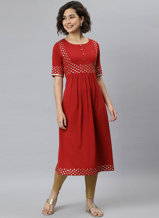 Party Wear Kurti Faux Crepe Red Print Kurtis