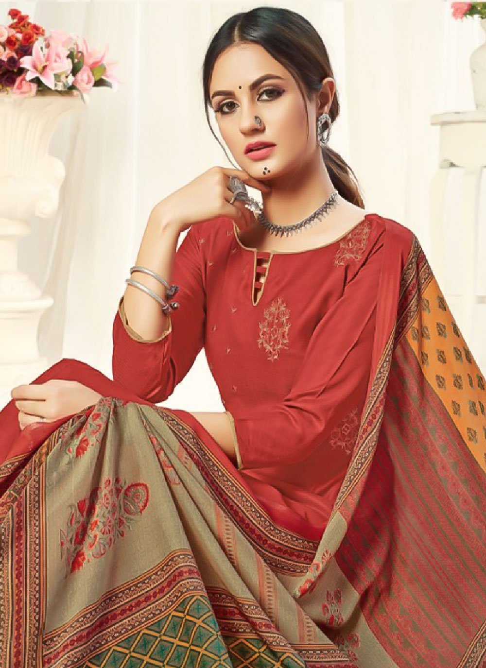 Palazzo Salwar Suit Pashmina Red Embroidered Salwar Kameez