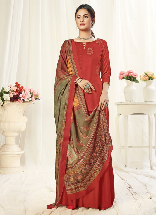 Palazzo Salwar Suit Pashmina Red Embroidered Salwar Kameez