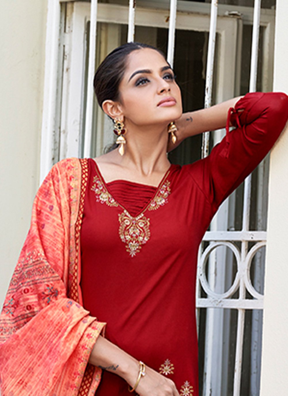 Salwar Suit Rayon Red Embroidered Salwar Kameez