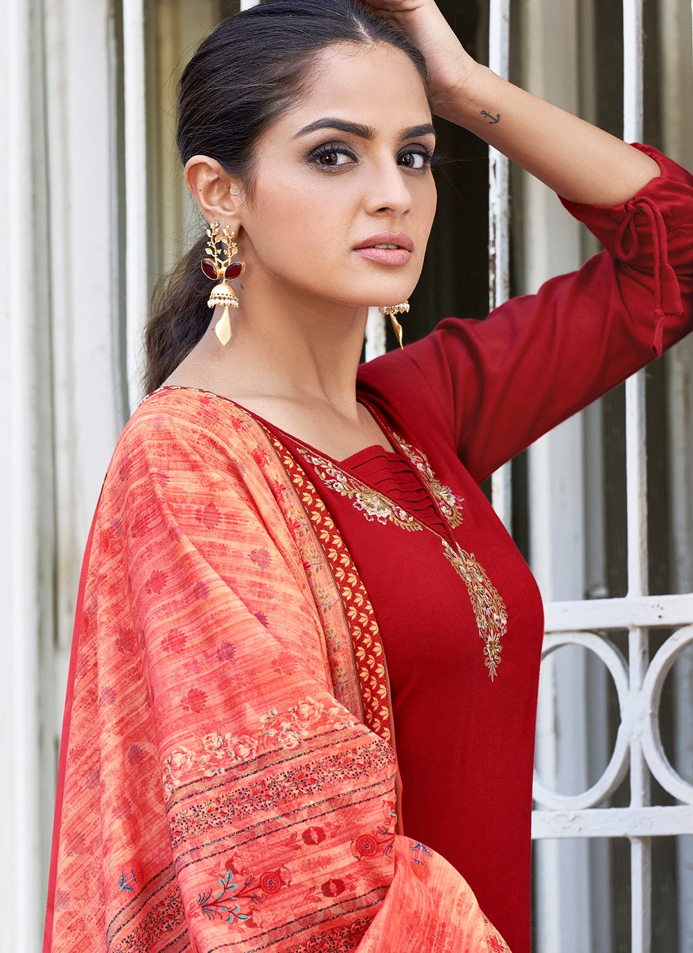 Salwar Suit Rayon Red Embroidered Salwar Kameez