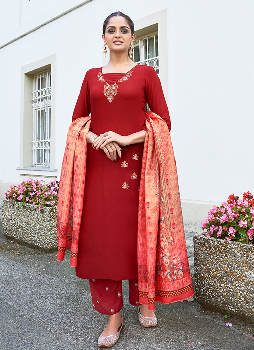 Salwar Suit Rayon Red Embroidered Salwar Kameez