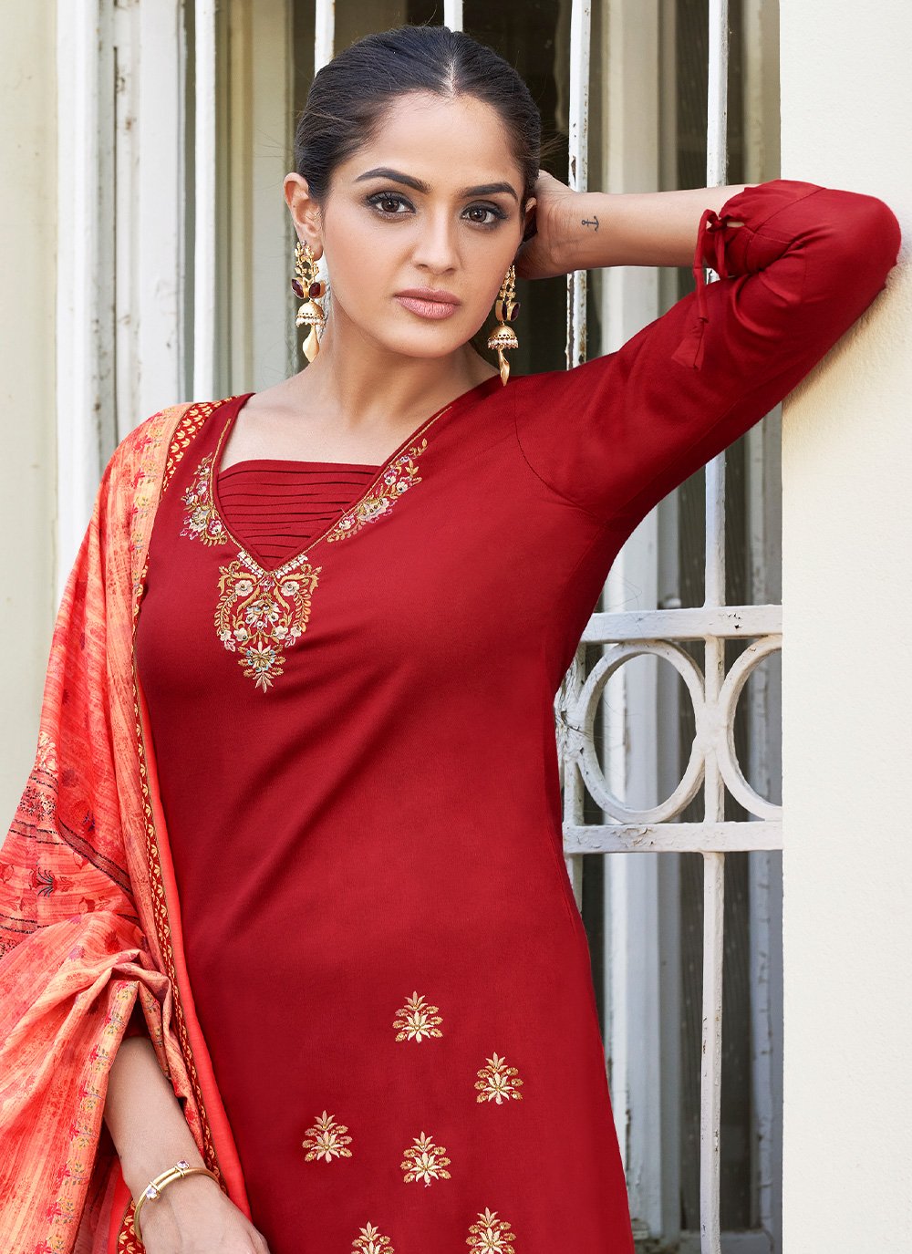 Salwar Suit Rayon Red Embroidered Salwar Kameez