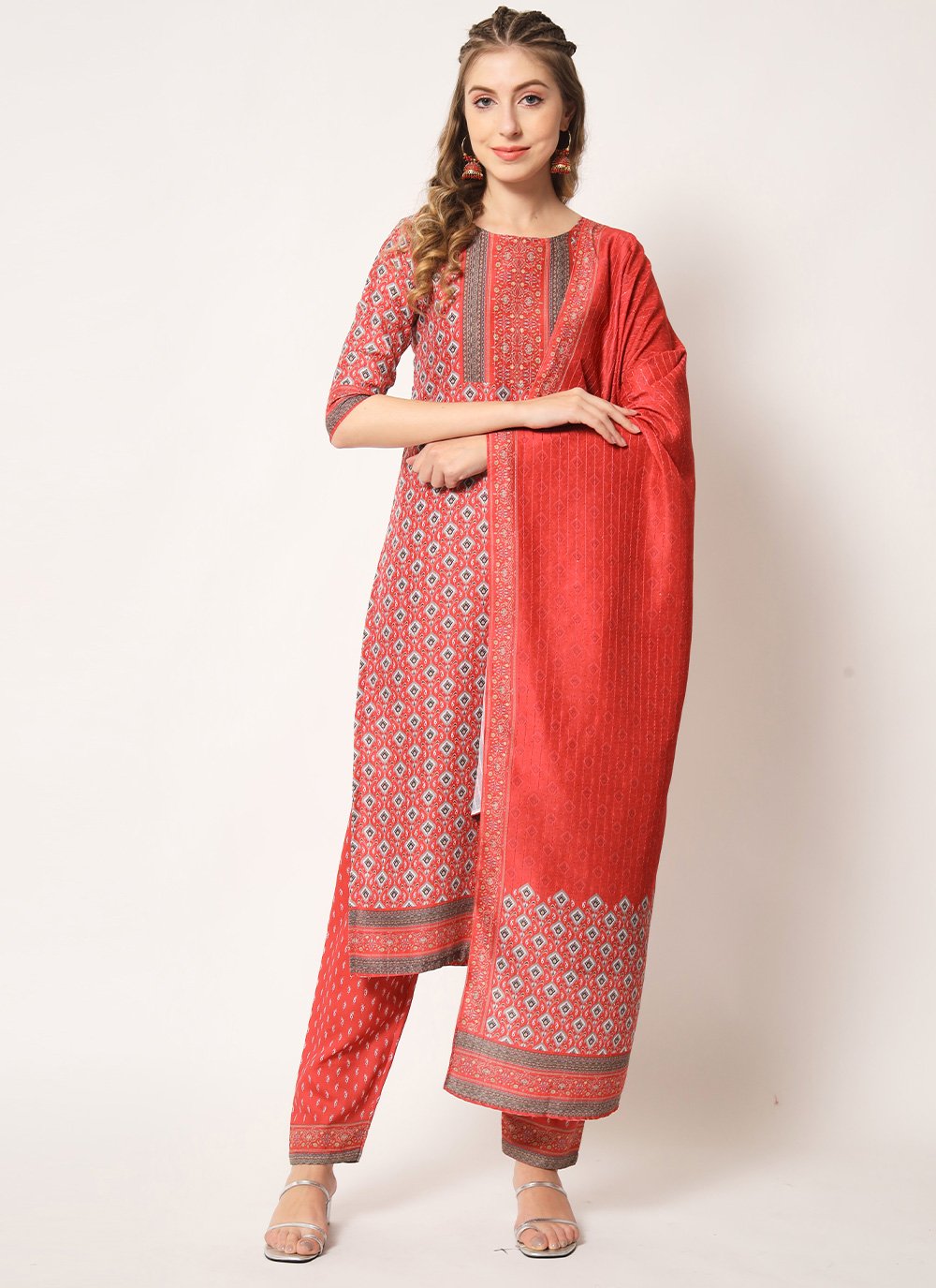 Straight Salwar Suit Muslin Red Embroidered Salwar Kameez