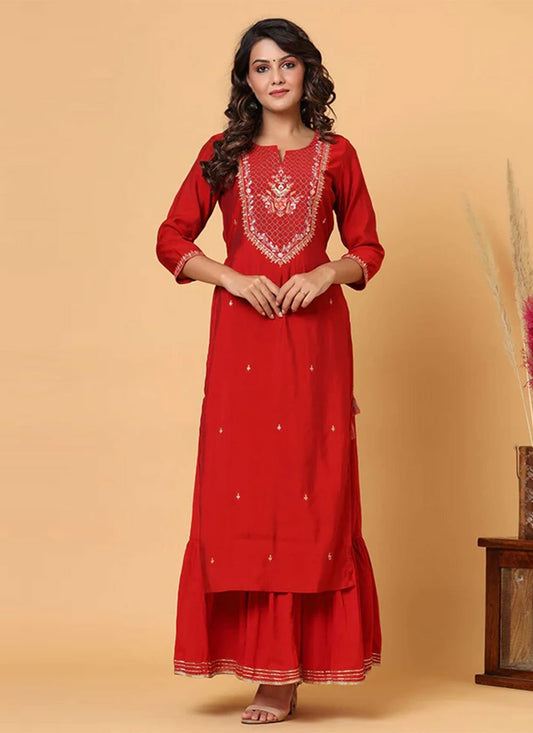 Casual Kurti Chanderi Red Embroidered Kurtis