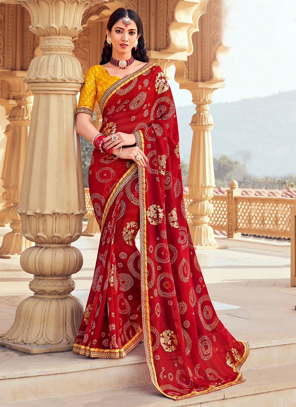 Contemporary Chiffon Red Bandhej Saree