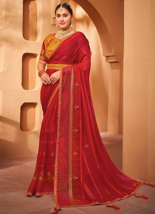 Trendy Saree Chiffon Red Embroidered Saree