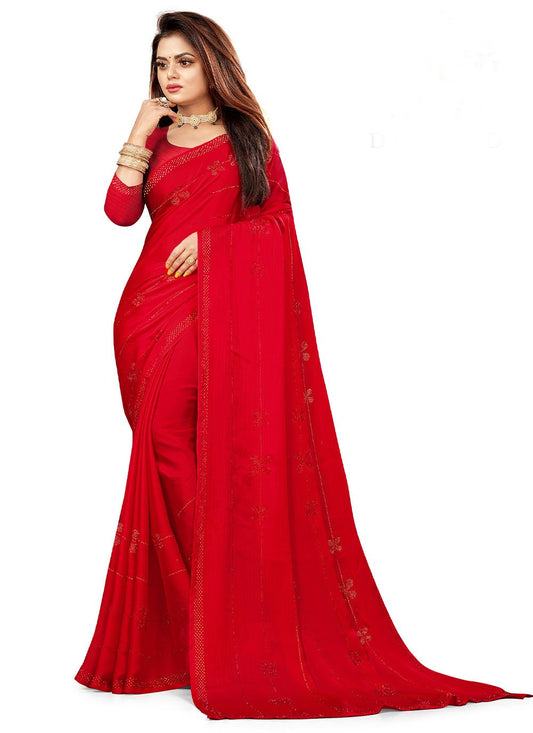 Contemporary Chiffon Satin Red Swarovski Saree