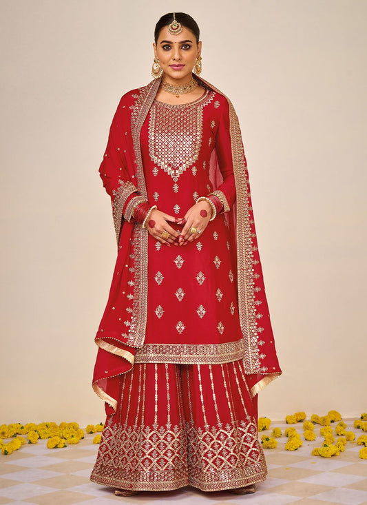 Palazzo Salwar Suit Chinon Red Embroidered Salwar Kameez