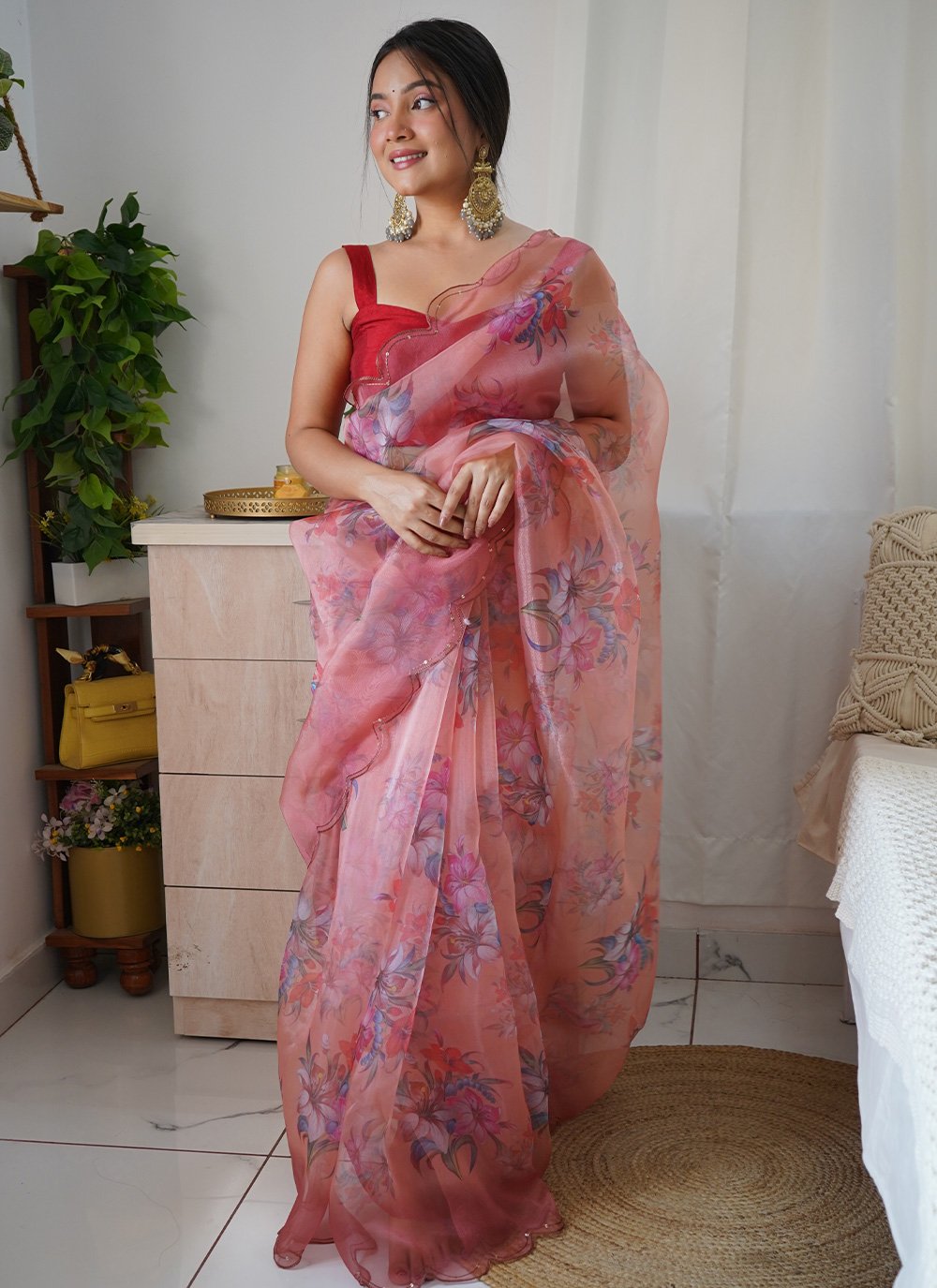 Classic Organza Red Digital Print Saree