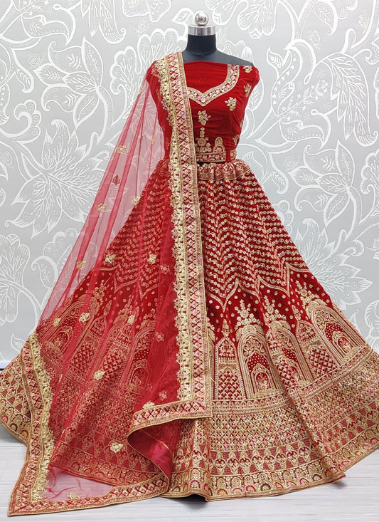 A Line Lehenga Velvet Red Diamond Lehenga Choli