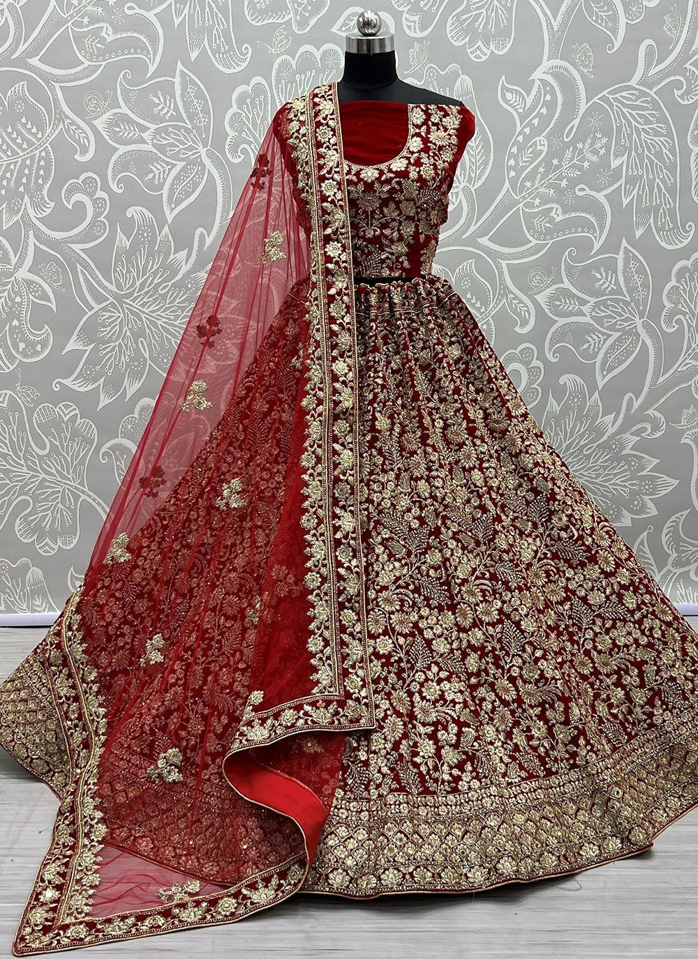 A Line Lehenga Velvet Red Dori Work Lehenga Choli
