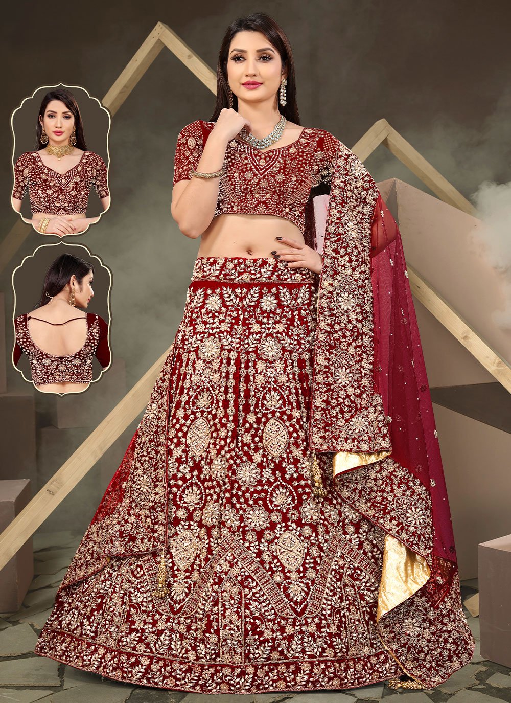 A Line Lehenga Velvet Red Embroidered Lehenga Choli