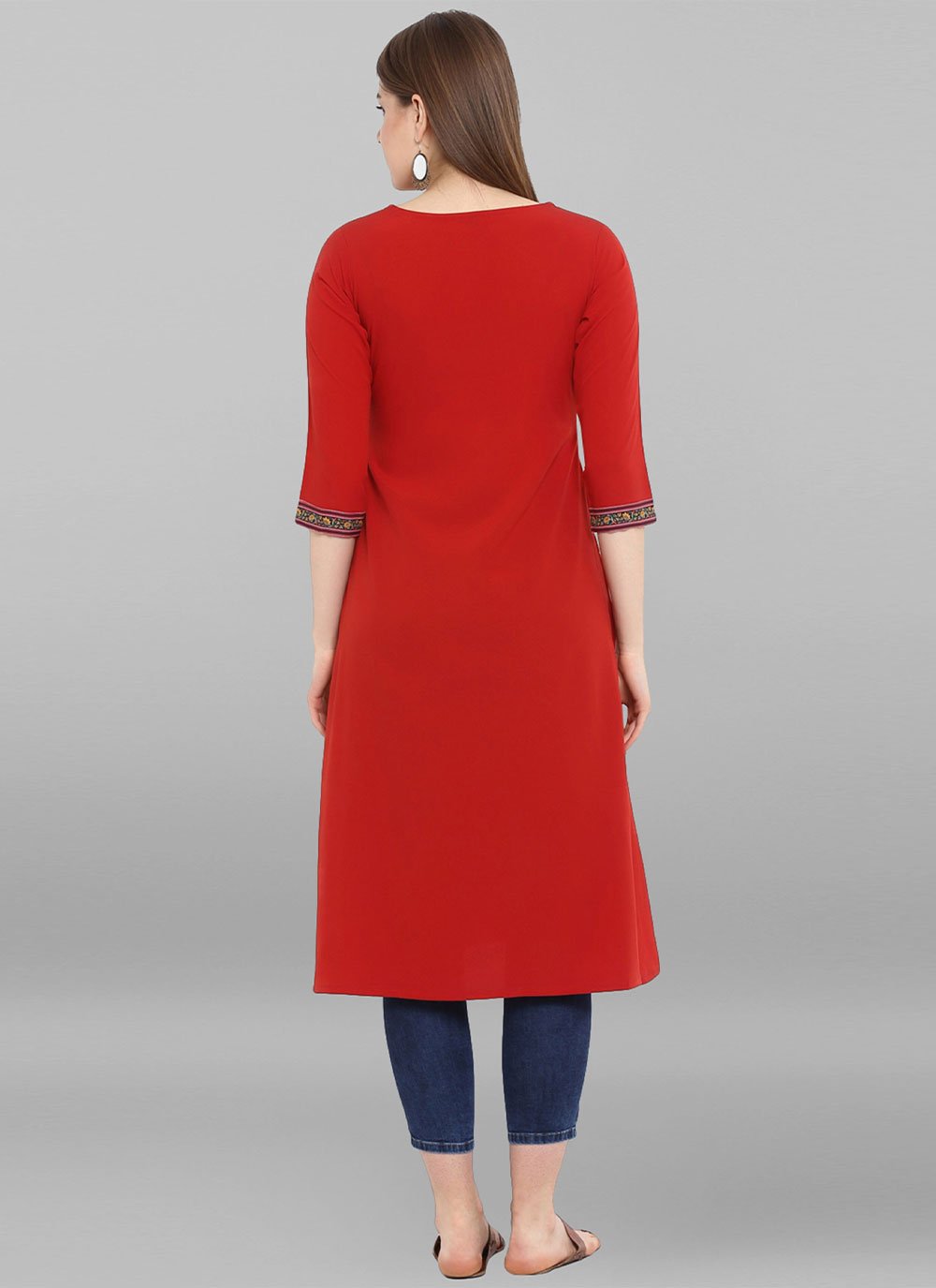 Casual Kurti Faux Crepe Red Floral Patch Kurtis