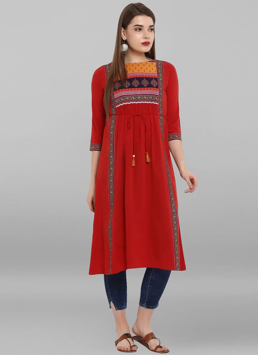 Casual Kurti Faux Crepe Red Floral Patch Kurtis