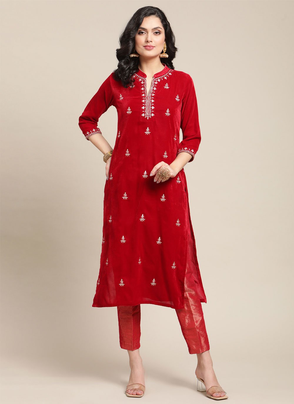 Casual Kurti Velvet Red Embroidered Kurtis