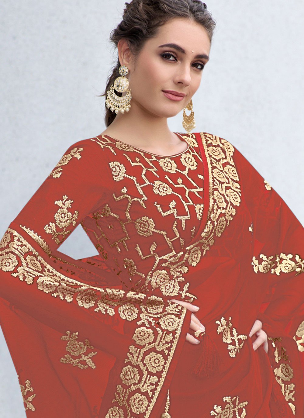 Classic Shimmer Georgette Red Sequins Saree