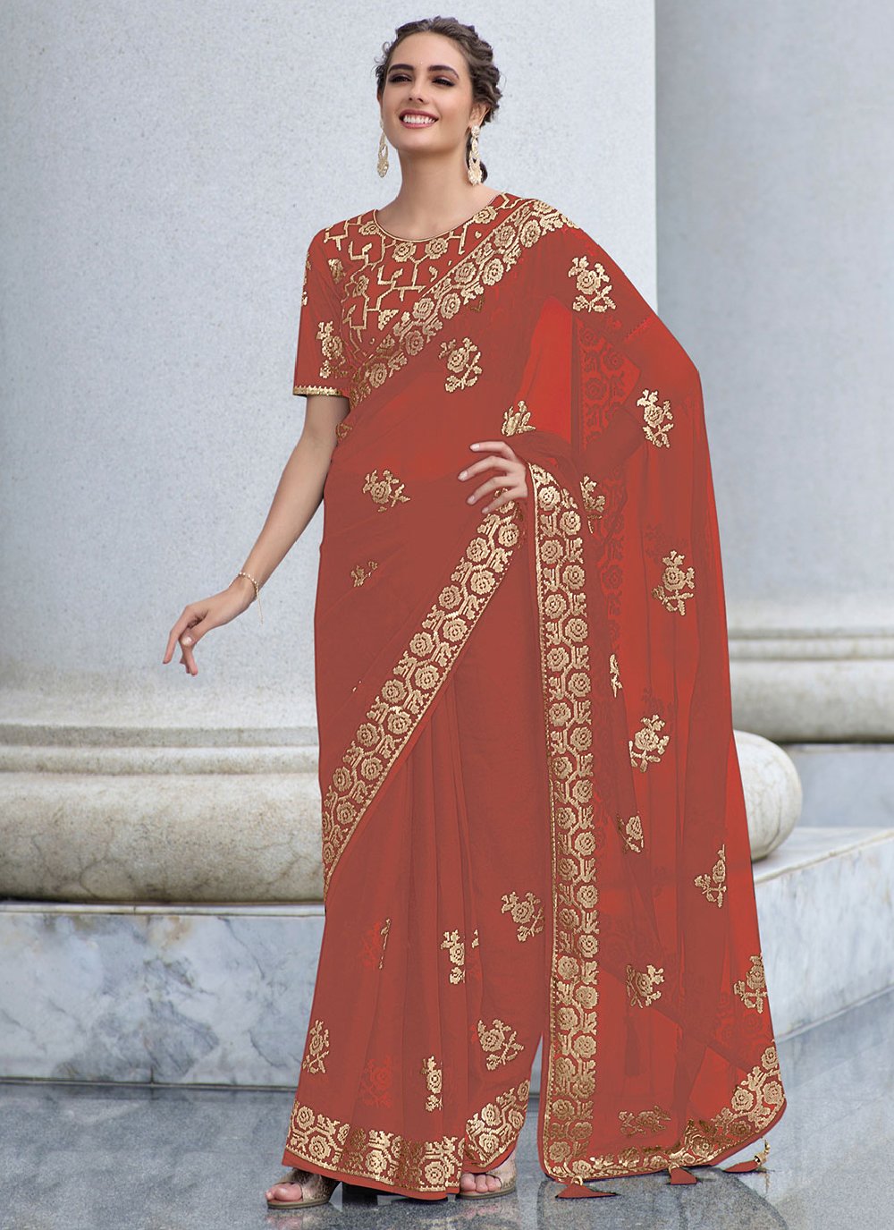 Classic Shimmer Georgette Red Sequins Saree