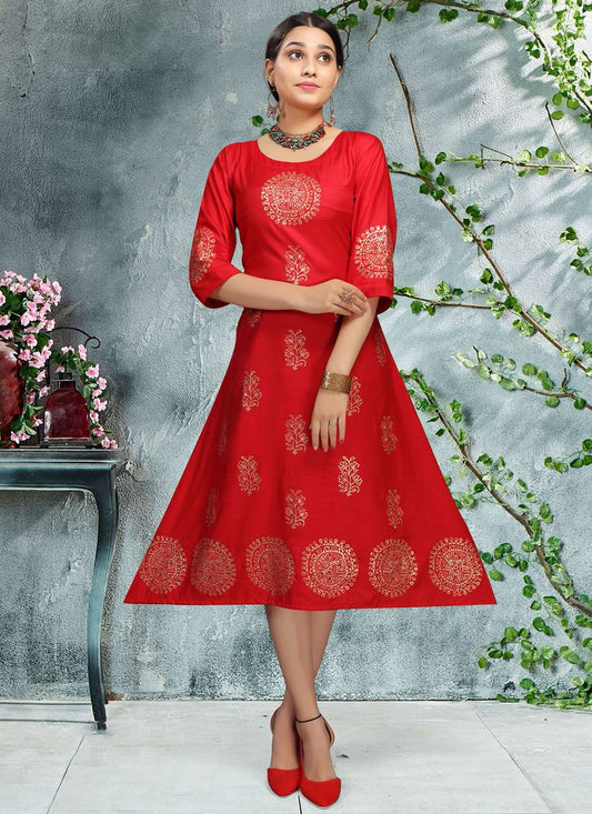 Designer Kurti Rayon Red Print Kurtis