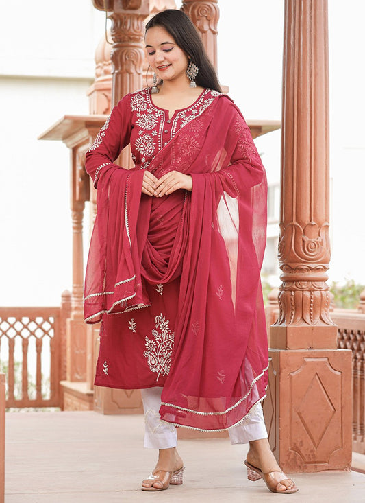 Salwar Suit Cotton Red Lucknowi Work Salwar Kameez