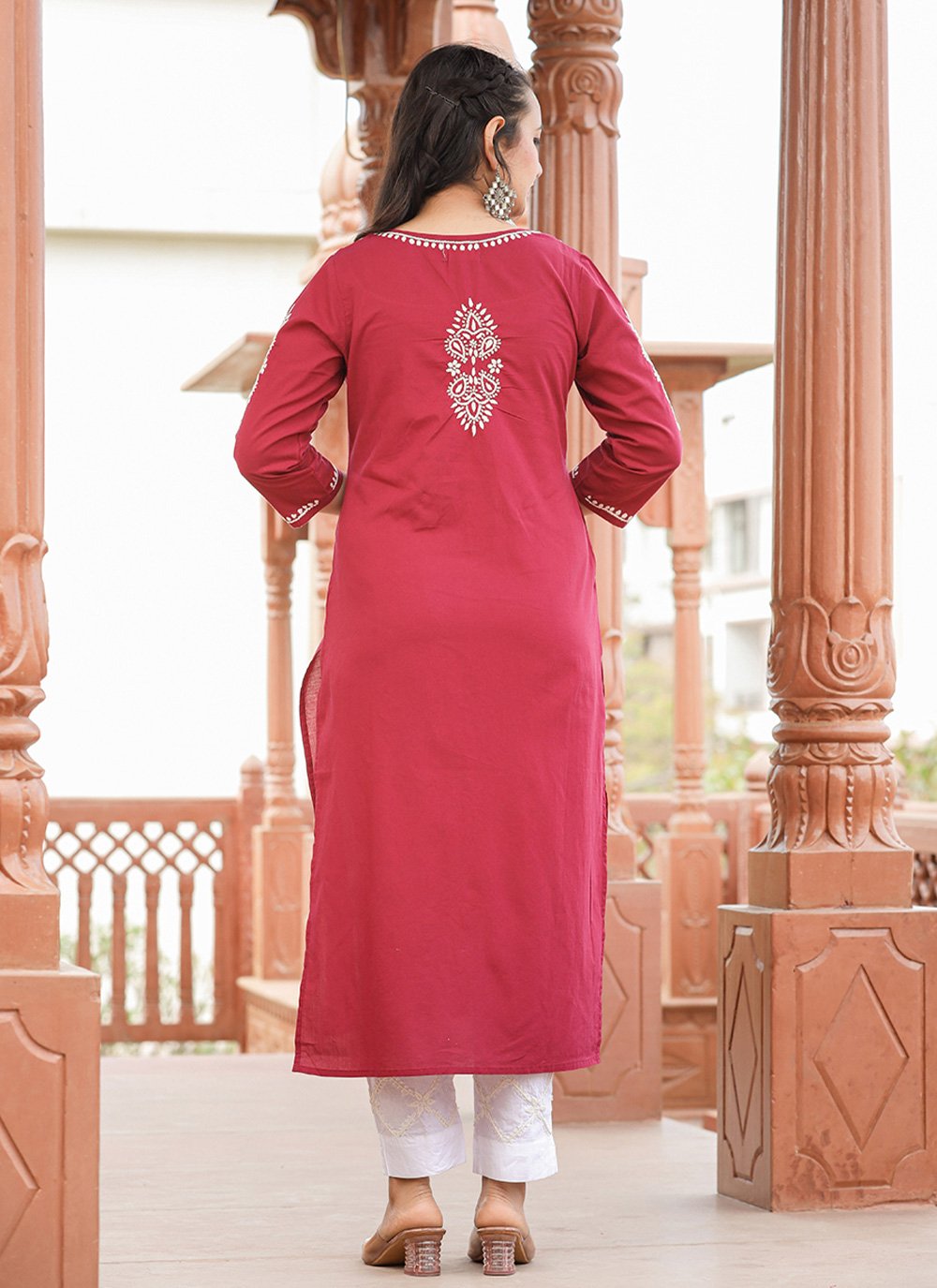 Salwar Suit Cotton Red Lucknowi Work Salwar Kameez