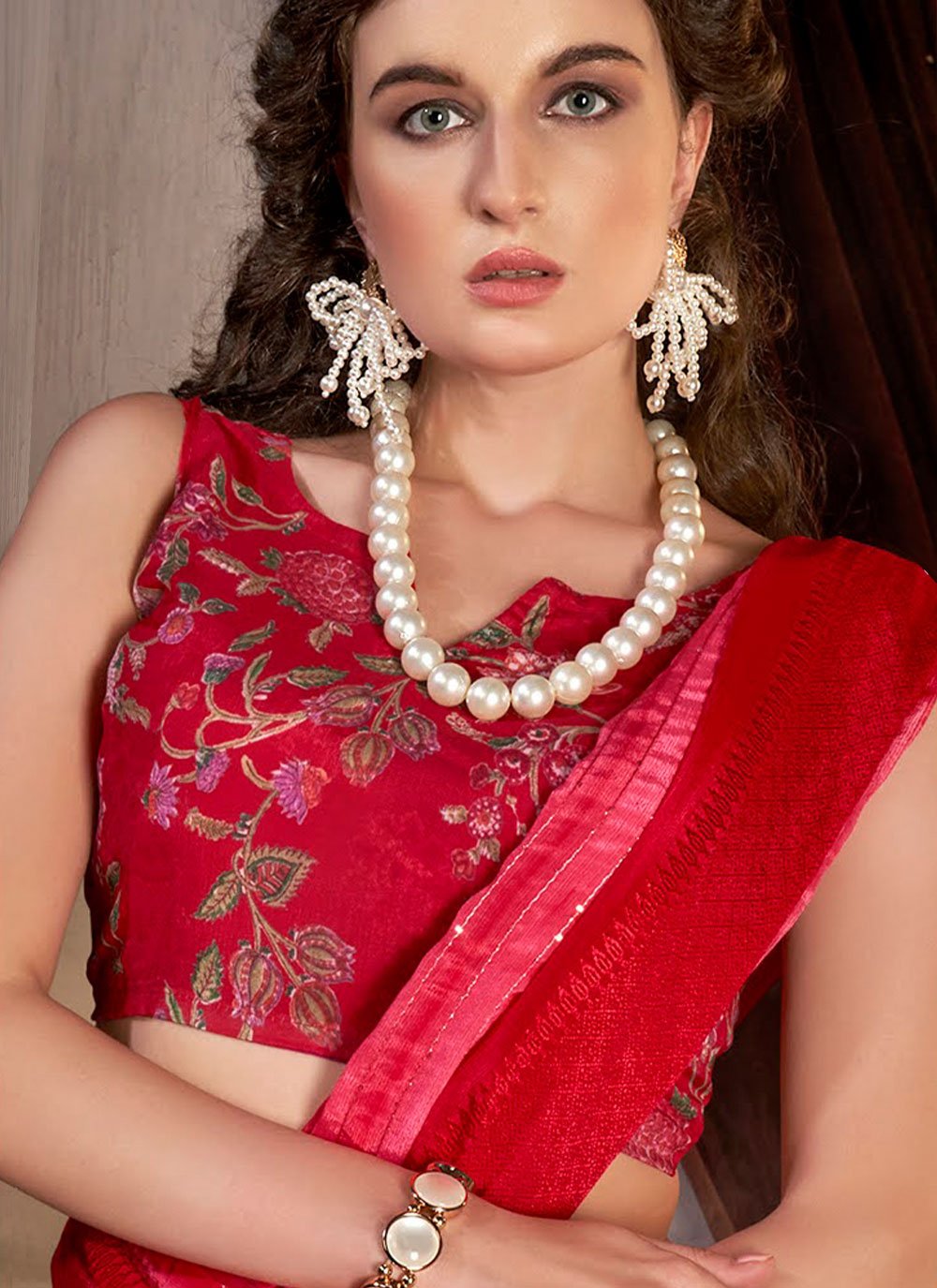 Designer Chinon Red Print Saree