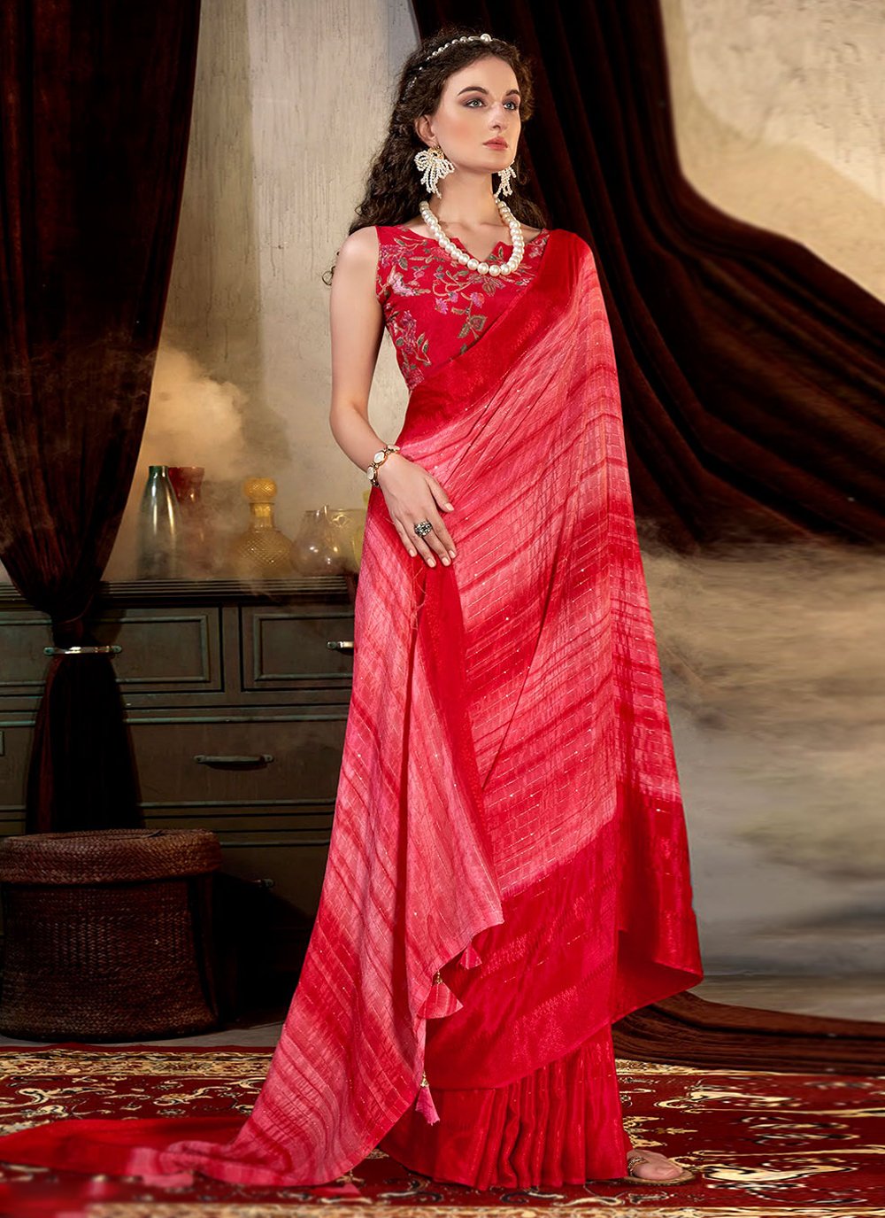 Designer Chinon Red Print Saree