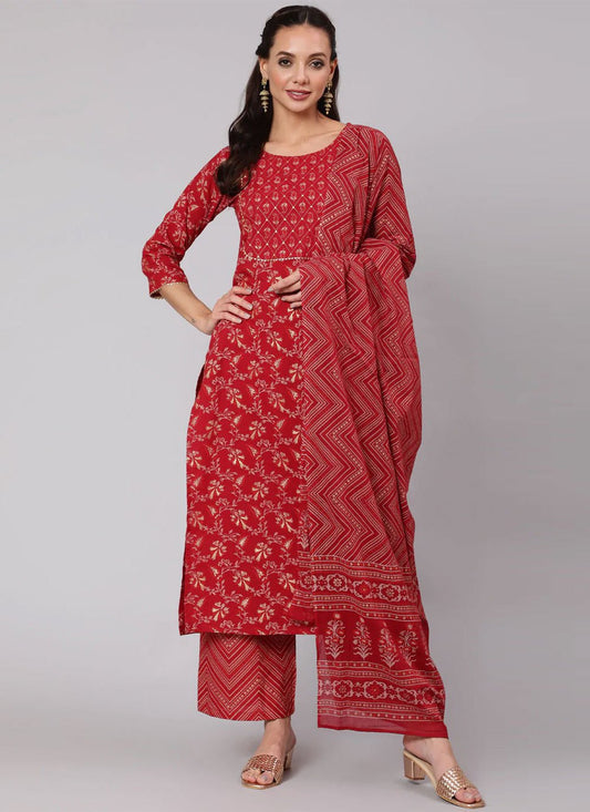 Palazzo Salwar Suit Cotton Red Print Salwar Kameez