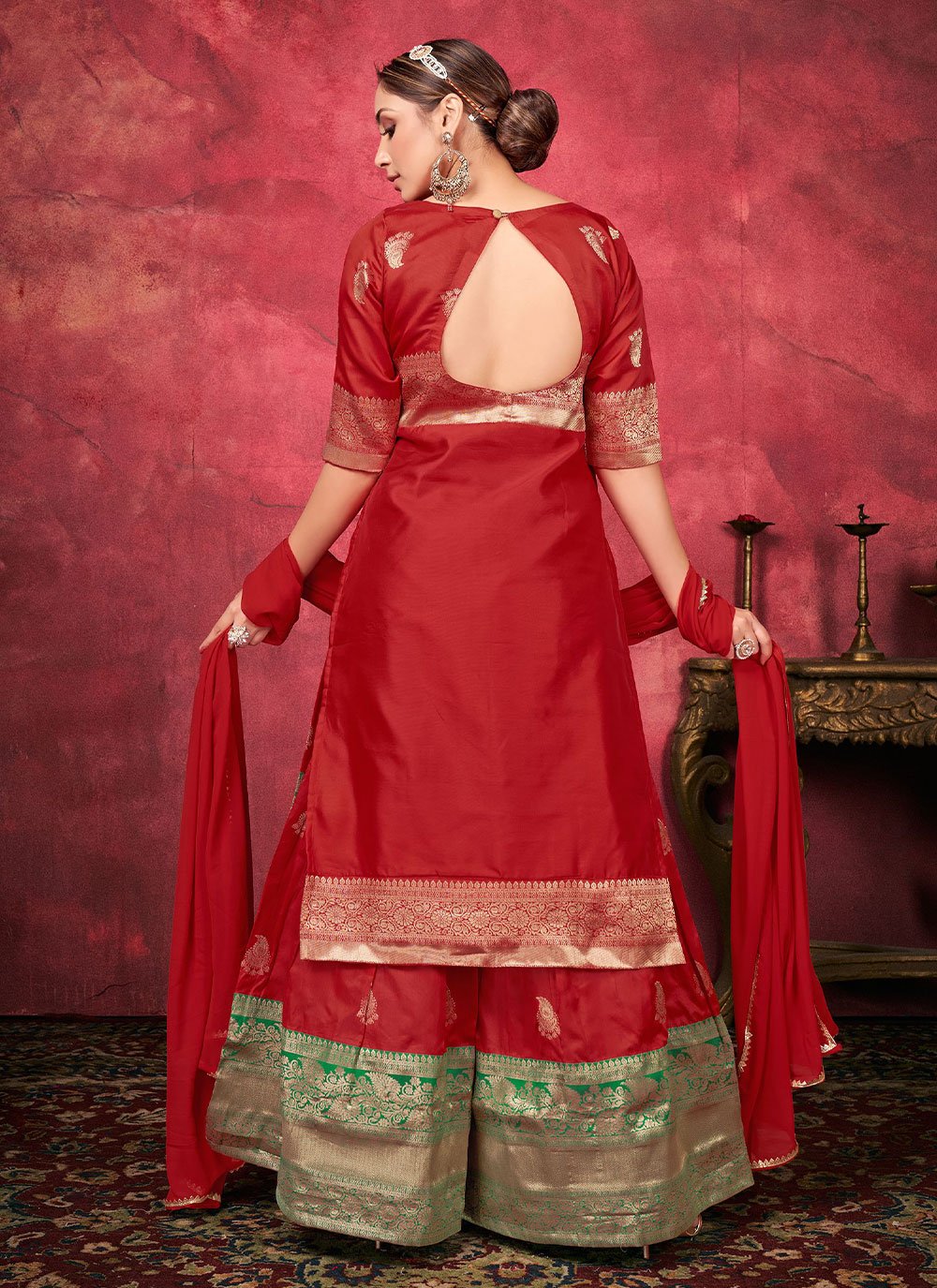 Palazzo Salwar Suit Art Silk Red Woven Salwar Kameez