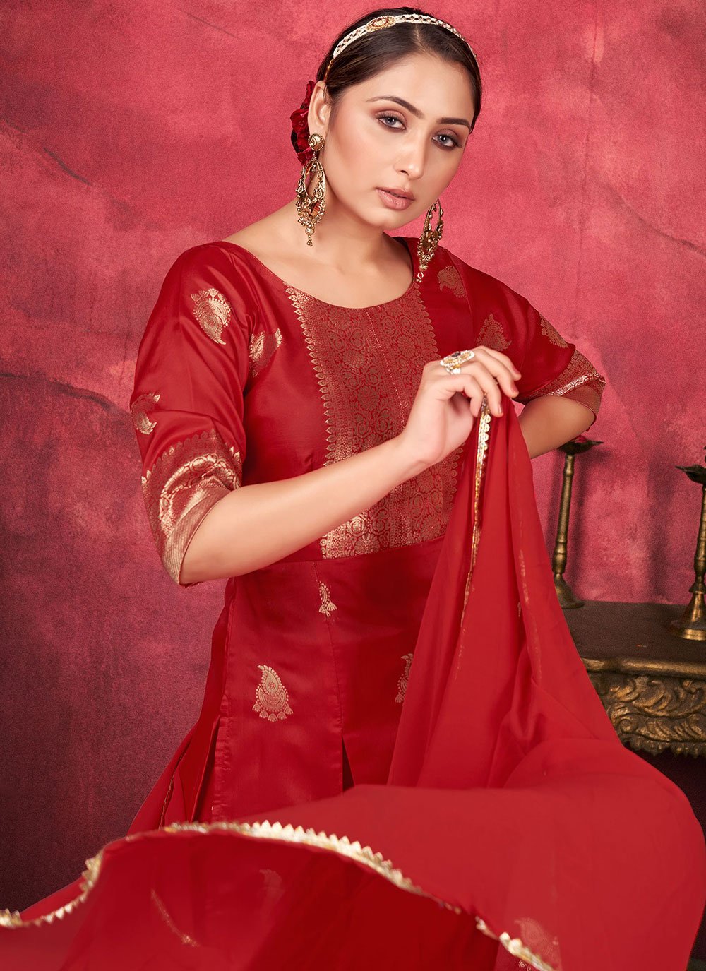 Palazzo Salwar Suit Art Silk Red Woven Salwar Kameez