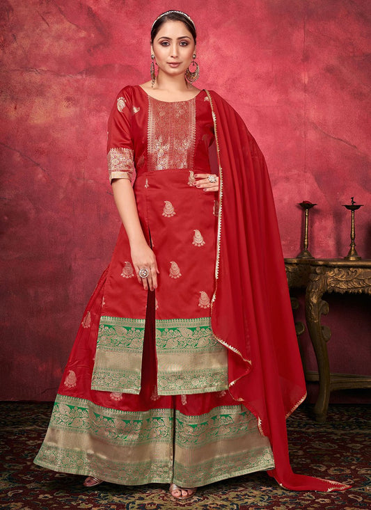 Palazzo Salwar Suit Art Silk Red Woven Salwar Kameez