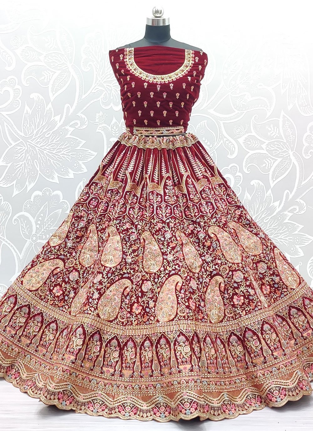 Lehenga Choli Velvet Red Diamond Lehenga Choli