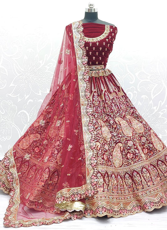 Lehenga Choli Velvet Red Diamond Lehenga Choli