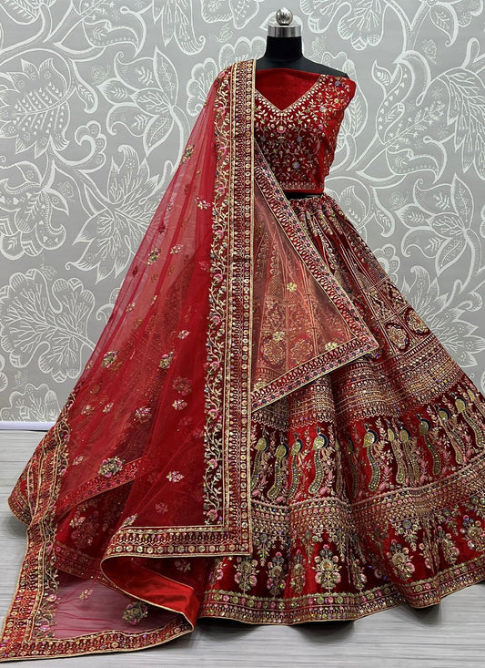 Lehenga Choli Velvet Red Embroidered Lehenga Choli