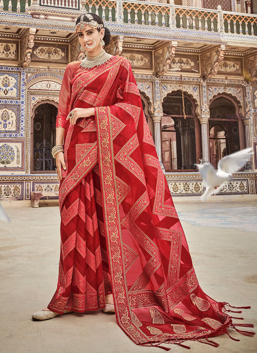 Trendy Saree Organza Pure Dola Red Lace Saree